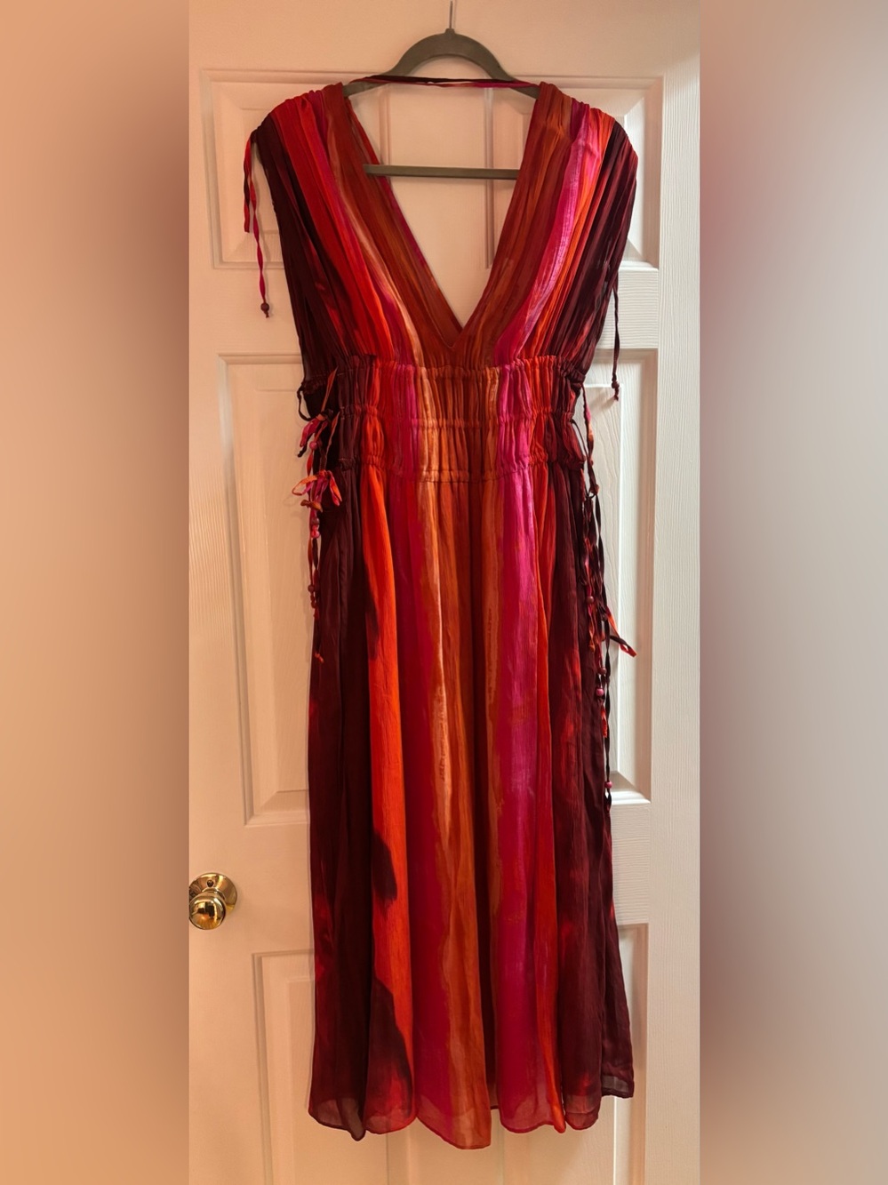 ZARA XS V-Neck Striped Maxi Dress — Red & Pink NWT